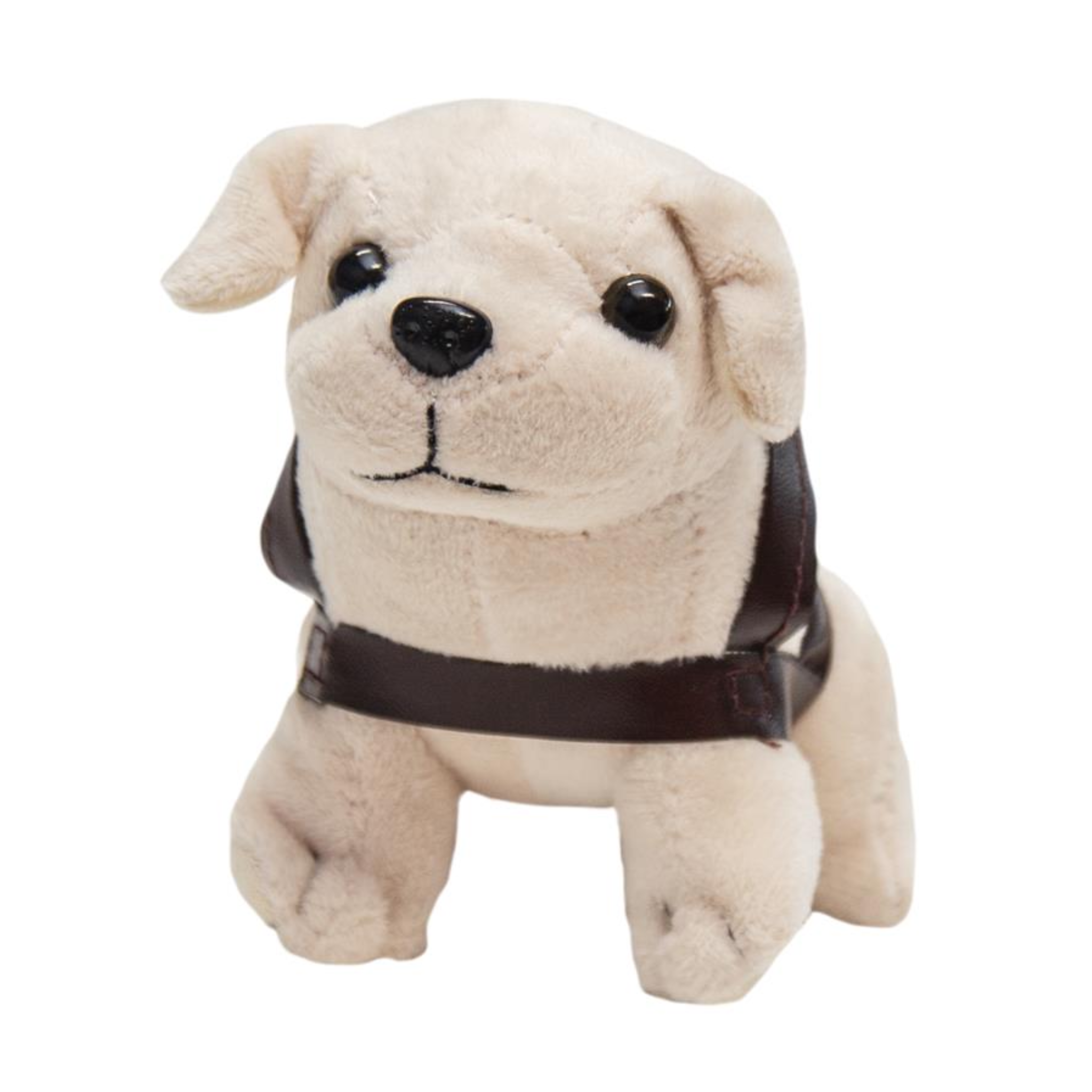 Cream plush dog toy with a brown leather harness on a white background